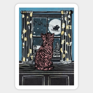 Christmas Linoprint Cat sitting on a windowsill watching Santa fly through the night on his sleigh full of gifts Sticker